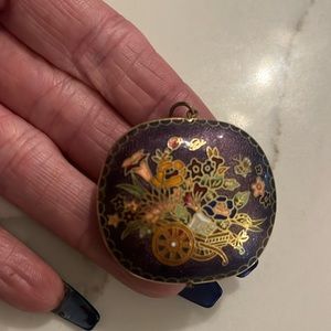 Vintage Plum cloisonné pendant with wheelbarrow with bouquet of flowers.